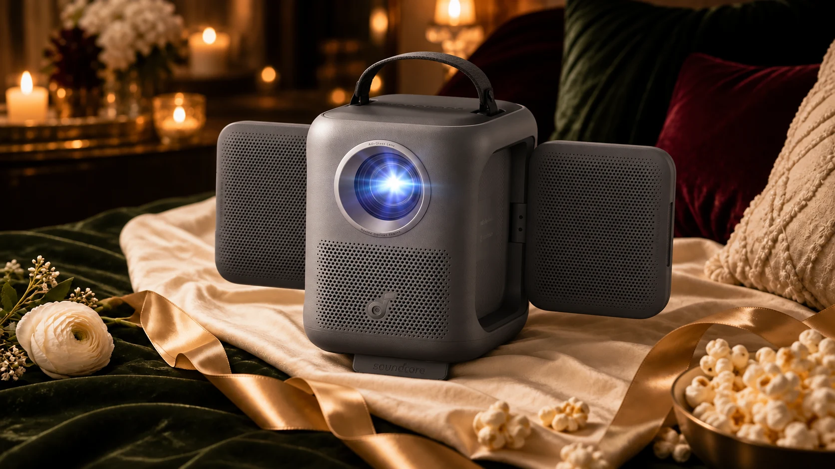 Soundcore Nebula P1i projector arranged for a candlelit movie and gaming night